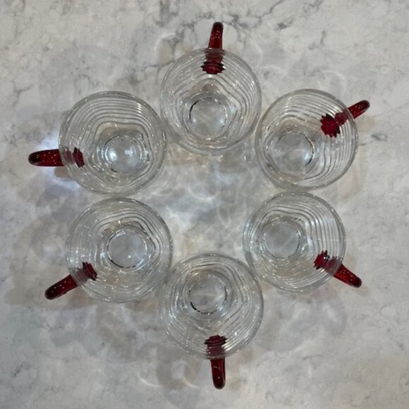 7 Duncan & Miller Glass Caribbean Punch Cups, Clear with Red Handle, Wavy Design - Picture 2 of 12